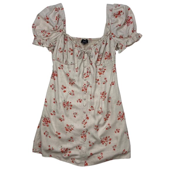 Bardot Lucinta Mini Dress 8 M Beige Floral Puff Sleeve Bohemian Spring Summer - Picture 12 of 12